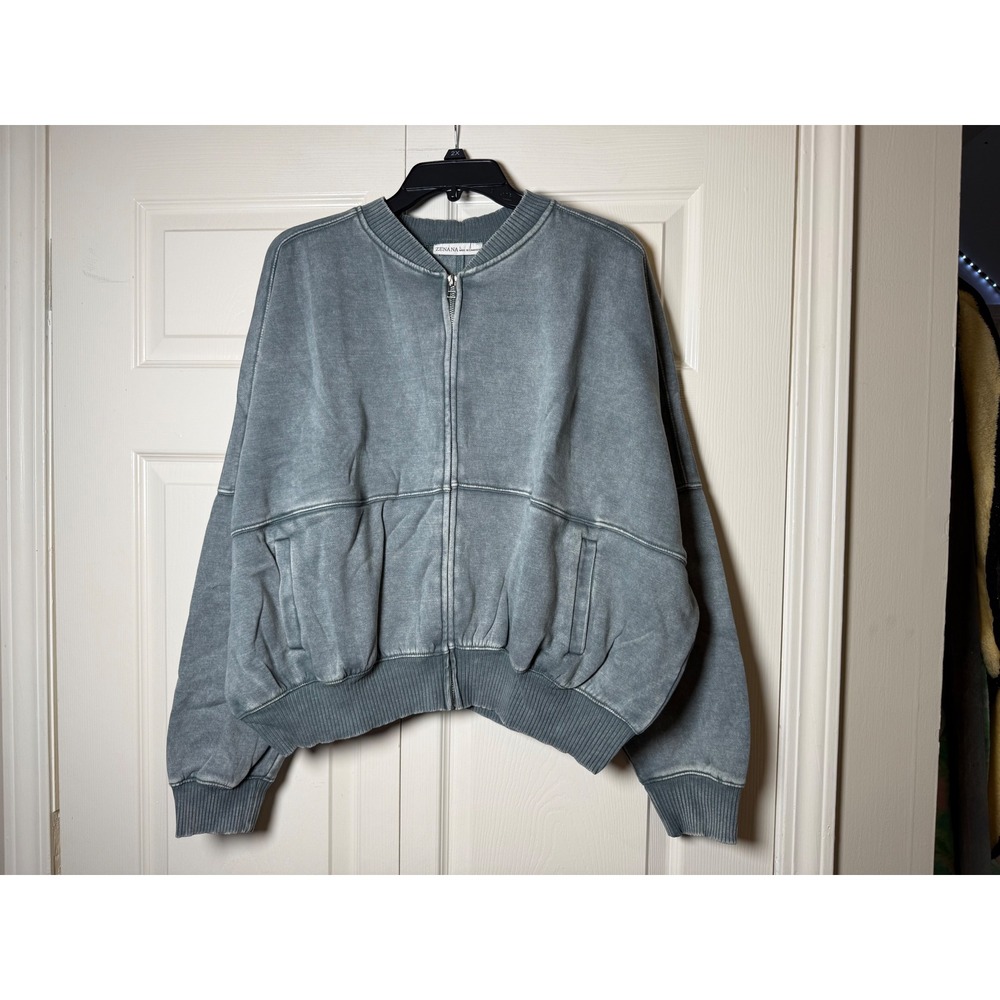 Zenanaโ Extra Effort Jacket Large Jade Green Mineral Wash Zip Bomber